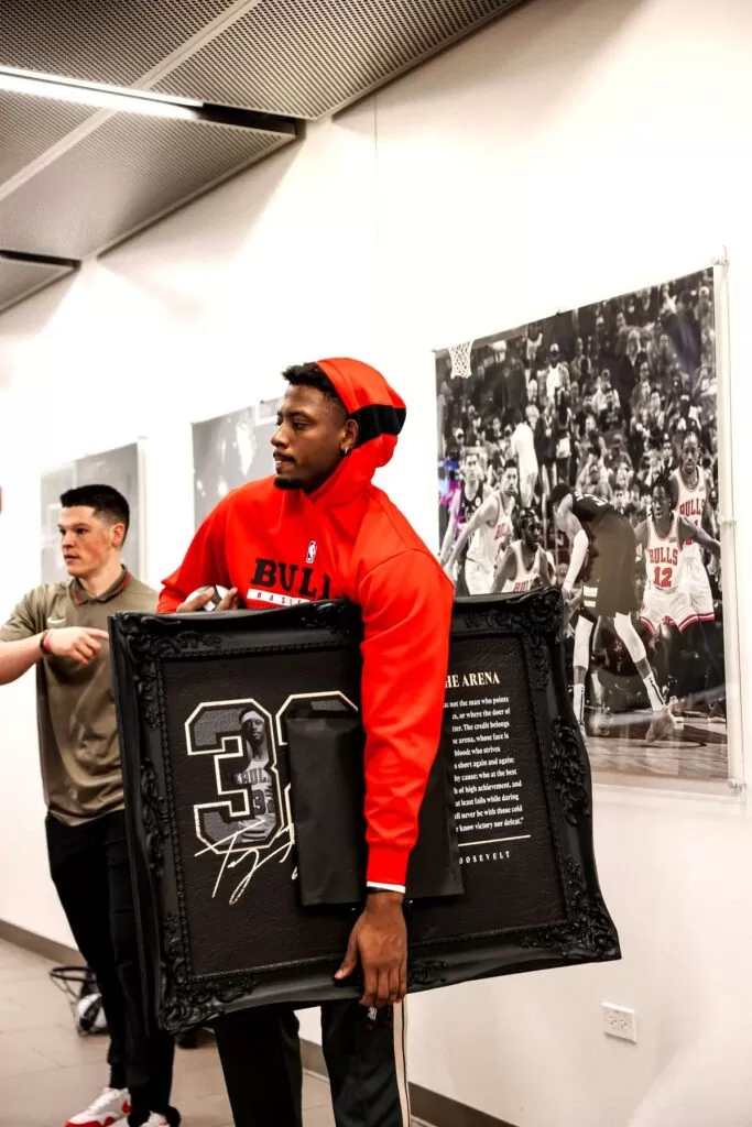 GimmeHoop framed basketball art photographed in a Chicago Bulls setting